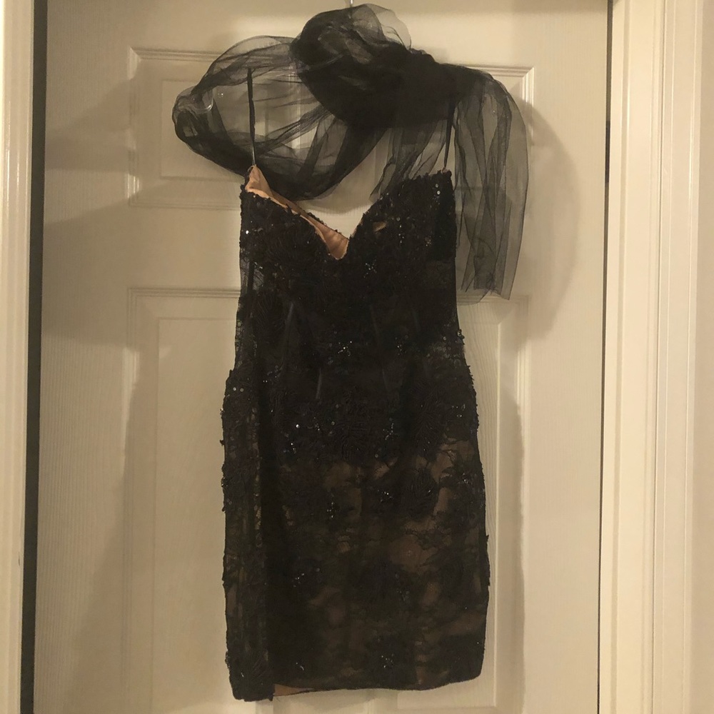 Jovani Black Sequin Lace Mini Cocktail Dress
